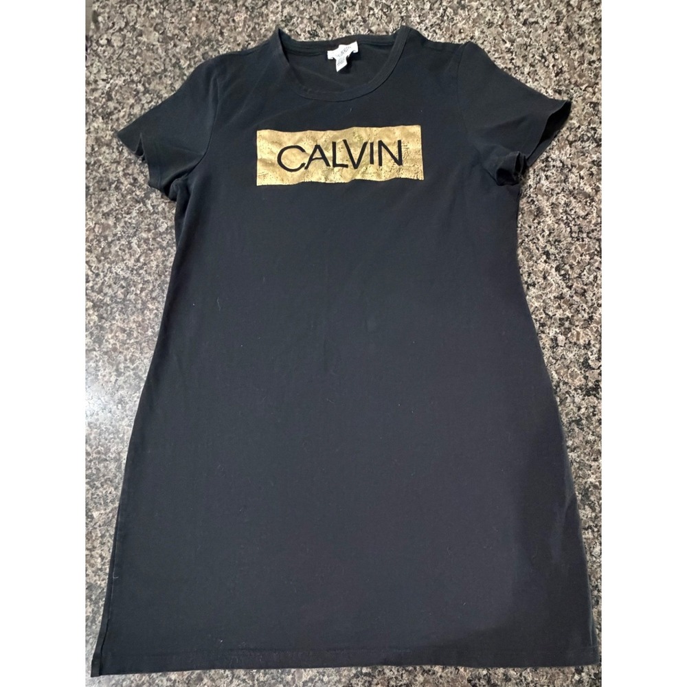 Calvin Klein Womens Black Gold Foil Logo T-Shirt Dress Short Sleeve Large
